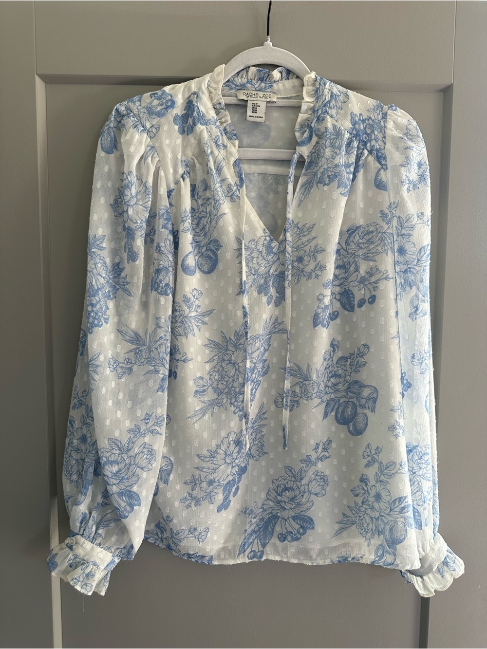 Rachel Zoe White Blouse with Blue Floral Print and Tie Neck